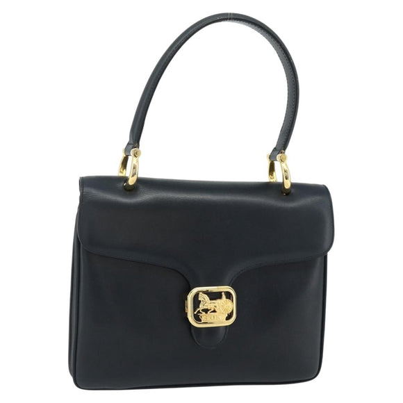 CELINE Hand Bag Leather Navy Gold Auth mr2438