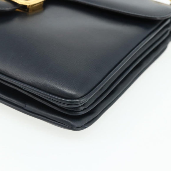CELINE Hand Bag Leather Navy Gold Auth mr2438