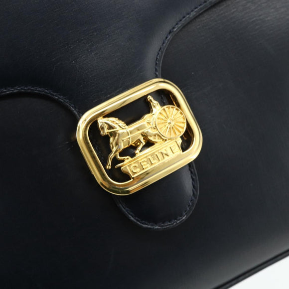 CELINE Hand Bag Leather Navy Gold Auth mr2438