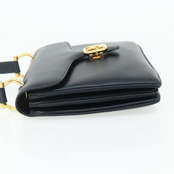 CELINE Hand Bag Leather Navy Gold Auth mr2438