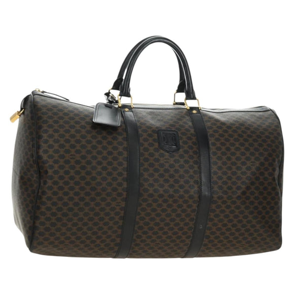 CELINE Macadam Canvas Boston Bag PVC Leather Black Gold Auth mr2439