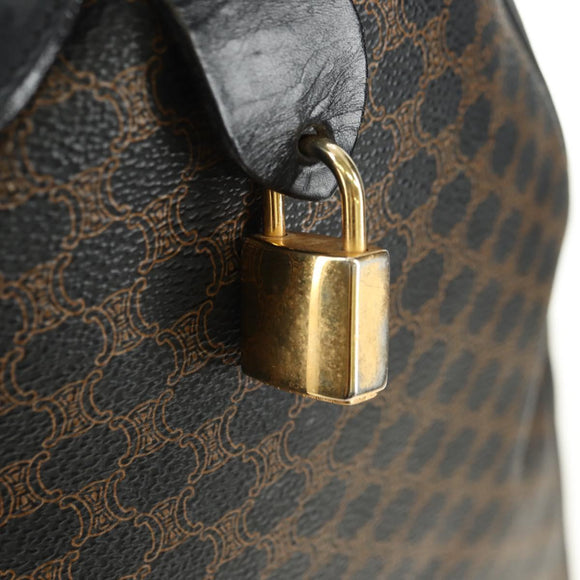 CELINE Macadam Canvas Boston Bag PVC Leather Black Gold Auth mr2439
