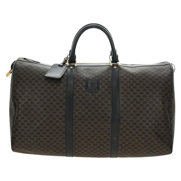 CELINE Macadam Canvas Boston Bag PVC Leather Black Gold Auth mr2439