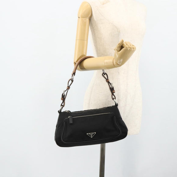 PRADA Umhängetasche Nylon Leder Schwarz Silber Auth mr2443A