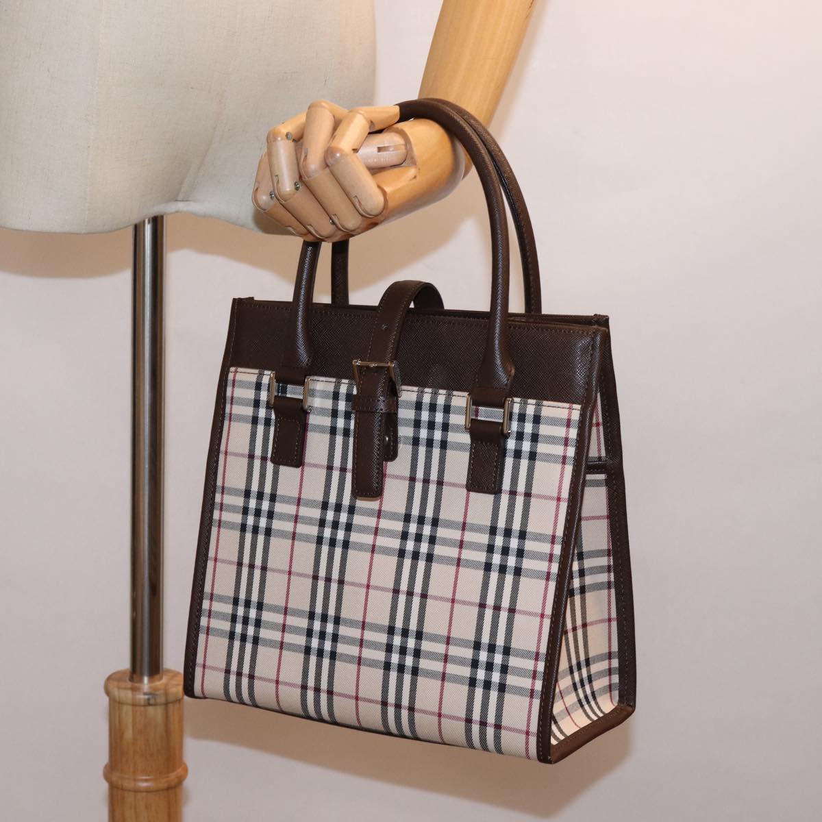 BURBERRY Nova Check Hand Bag Nylon Canvas Beige Auth mr245