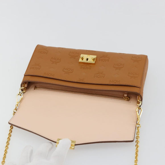 MCM Vicetos Logogram Chain Shoulder Bag Leather Brown Gold Auth mr2451V