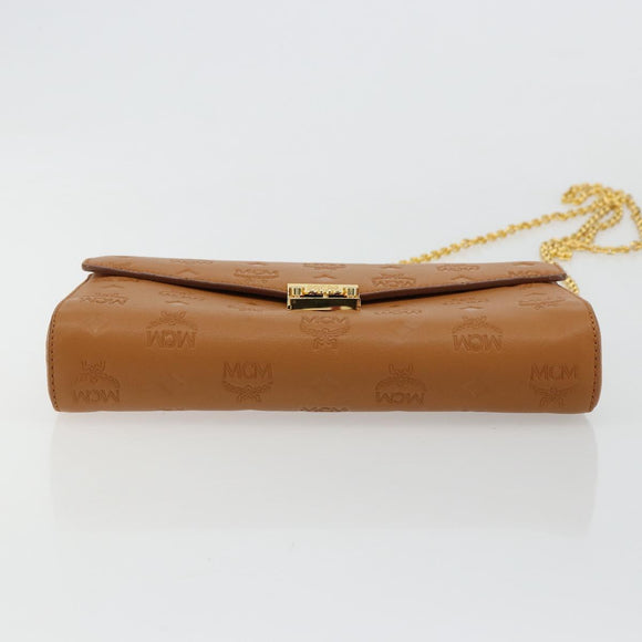 MCM Vicetos Logogram Chain Shoulder Bag Leather Brown Gold Auth mr2451V