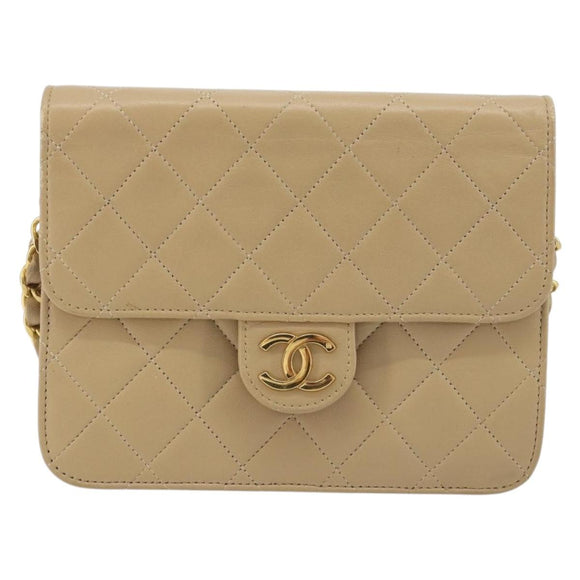 CHANEL Chain Shoulder Bag Lamb Skin Beige Gold CC Auth mr2475