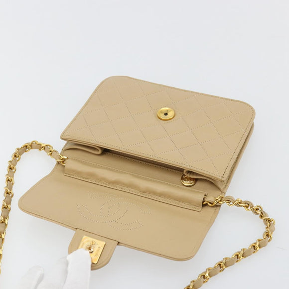 CHANEL Chain Shoulder Bag Lamb Skin Beige Gold CC Auth mr2475V
