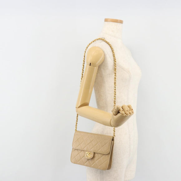 CHANEL Umhängetasche mit Kette Lammleder Beige Gold CC Auth mr2475V