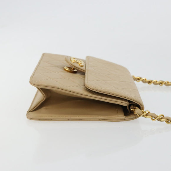 CHANEL Chain Shoulder Bag Lamb Skin Beige Gold CC Auth mr2475V