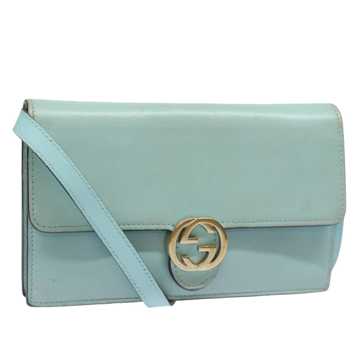 GUCCI Shoulder Wallet Leather Light Blue 369664 Auth mr248