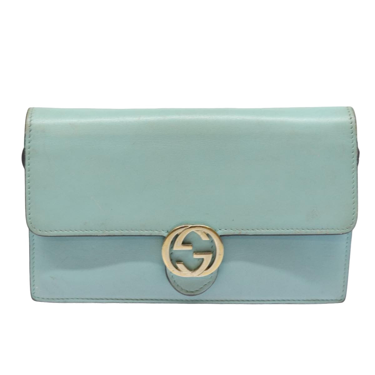 GUCCI Shoulder Wallet Leather Light Blue 369664 Auth mr248