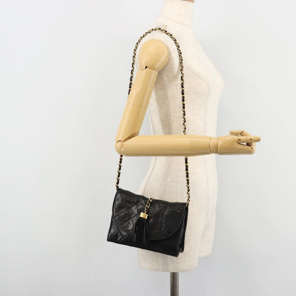 CHANEL Matelasse Chain Shoulder Bag Lamb Skin Black Gold CC Auth mr2484