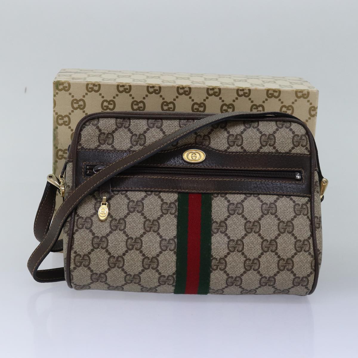 GUCCI GG Supreme Web Sherry Line Shoulder Bag PVC Beige Red Green Auth mr249