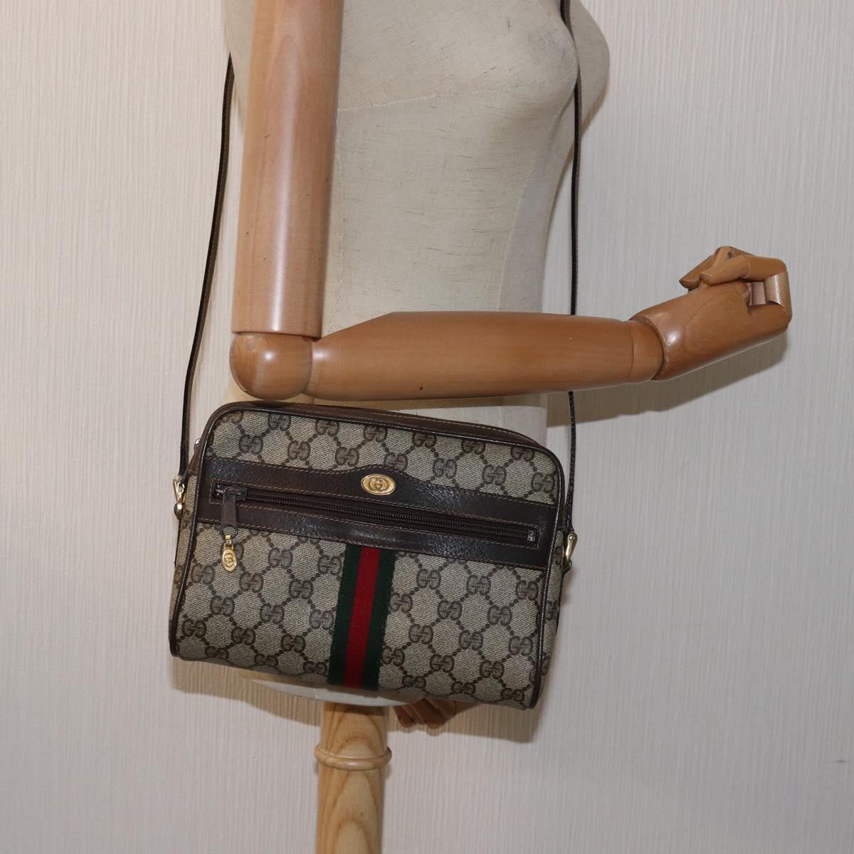 GUCCI GG Supreme Web Sherry Line Shoulder Bag PVC Beige Red Green Auth mr249