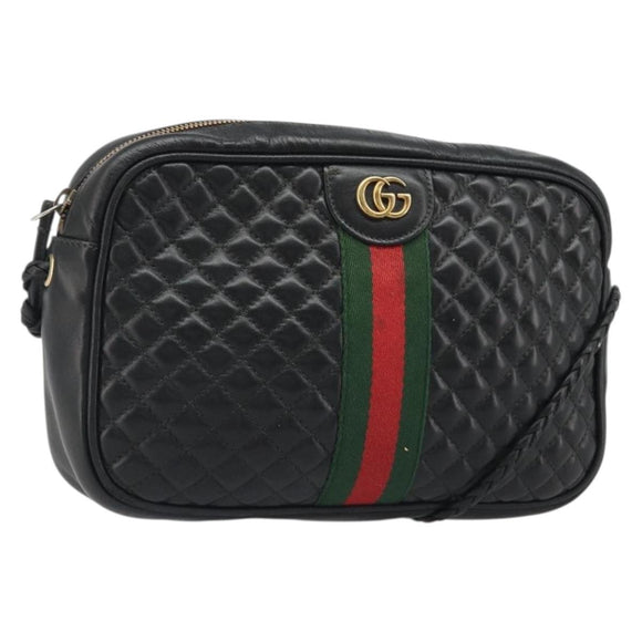 GUCCI GG Marmont Web Sherry Line Bag Leather Perfo Black Gold 541051 Auth mr2530
