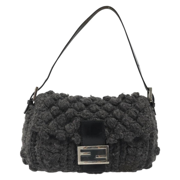 FENDI Mamma Baguette Shoulder Bag Knitted Fabrics Gray Silver Auth mr2538A