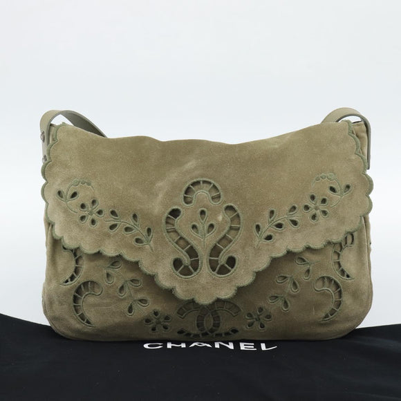 CHANEL Shoulder Bag Suede Leather Khaki Silver CC Auth mr2540A