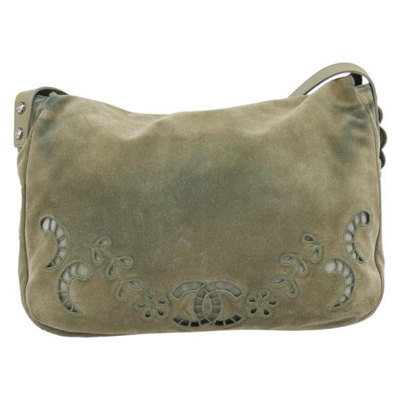 CHANEL Shoulder Bag Suede Leather Khaki Silver CC Auth mr2540A