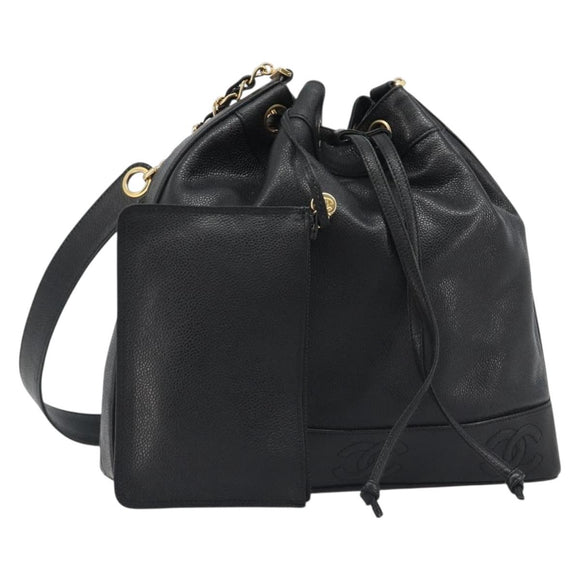 CHANEL Shoulder Bag Caviar Skin Black Gold CC Auth mr2541A