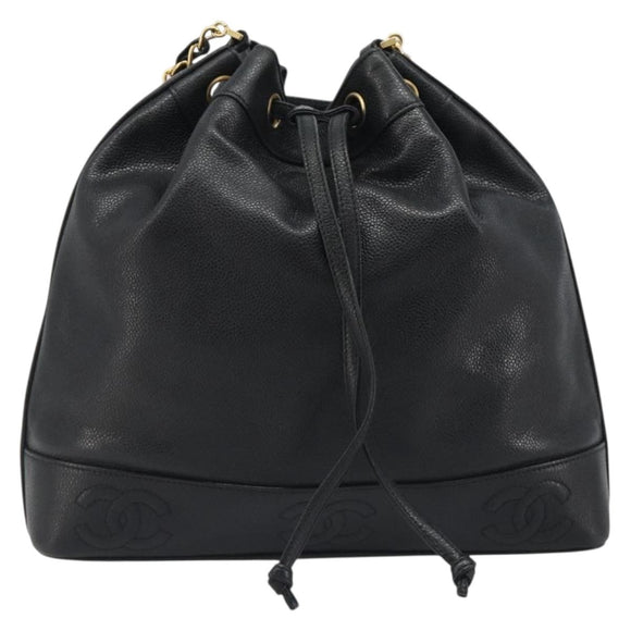 CHANEL Shoulder Bag Caviar Skin Black Gold CC Auth mr2541A