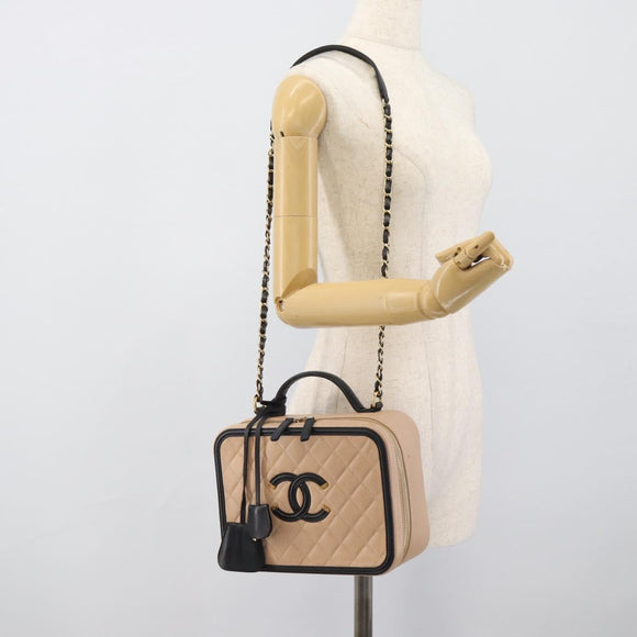 CHANEL CC Filigree Vanity Hand Bag Caviar Skin 2way Beige Gold CC Auth mr2542M