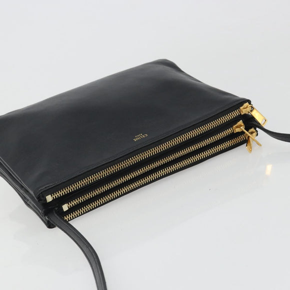 CELINE Trio Shoulder Bag Leather Black Gold Auth mr2544V