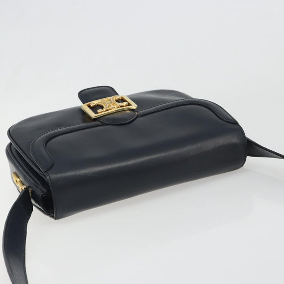 CELINE Shoulder Bag Leather Navy Gold Auth mr2557A