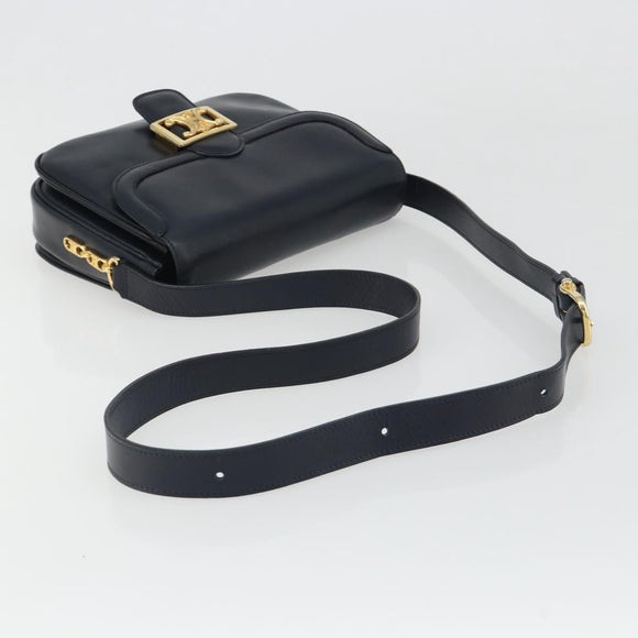 CELINE Shoulder Bag Leather Navy Gold Auth mr2557A