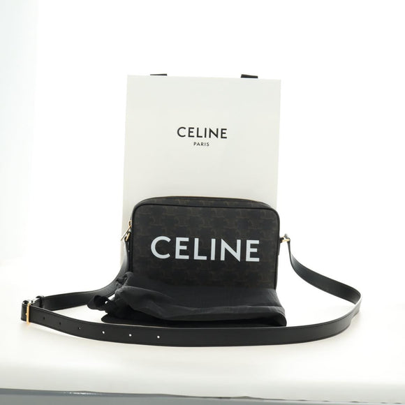 CELINE Triomphe Medium Messenger Bag Shoulder Bag PVC Black Gold Auth mr2571SAM