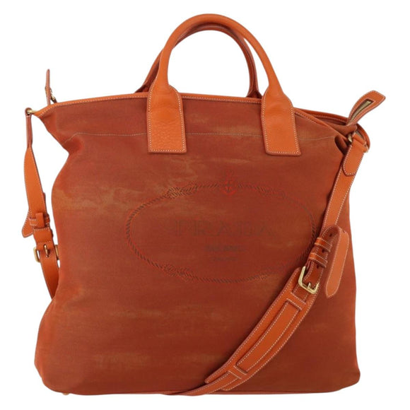 PRADA Hand Bag Canvas 2way Orange Gold Auth mr2579V