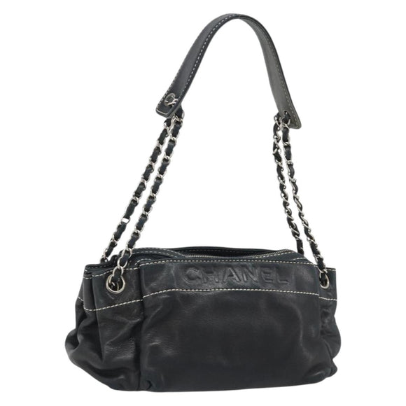 CHANEL Chain Shoulder Bag Lamb Skin Navy Silver CC Auth mr2596A