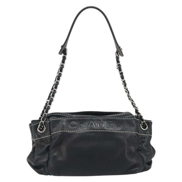 CHANEL Chain Shoulder Bag Lamb Skin Navy Silver CC Auth mr2596A