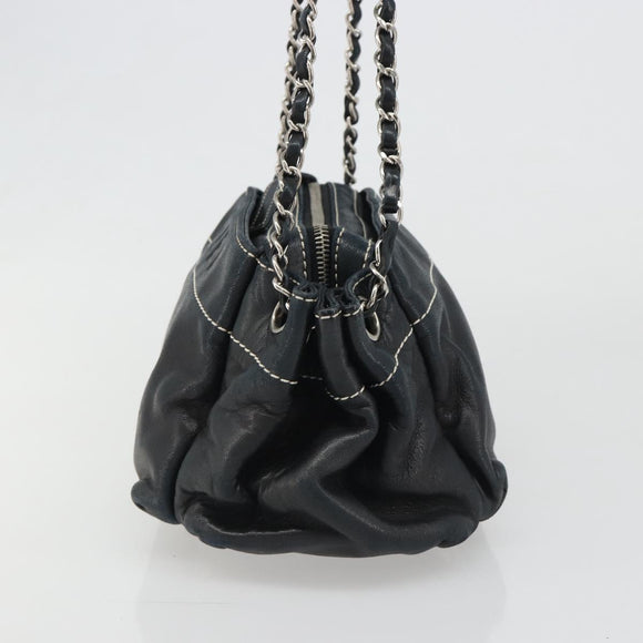 CHANEL Chain Shoulder Bag Lamb Skin Navy Silver CC Auth mr2596A