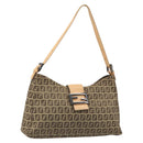 FENDI Zucchino Canvas Mamma Baguette Shoulder Bag Beige Silver Auth mr2597A-1