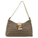 FENDI Zucchino Canvas Mamma Baguette Shoulder Bag Beige Silver Auth mr2597A-13