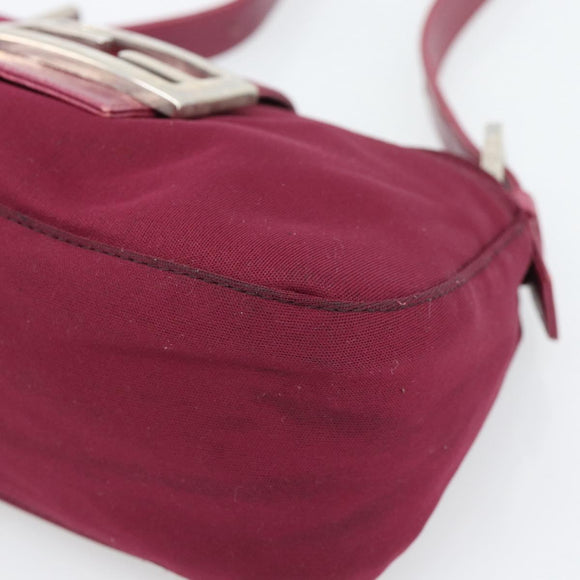 FENDI Mamma Baguette Shoulder Bag Cotton Wine Red Silver Auth mr2598