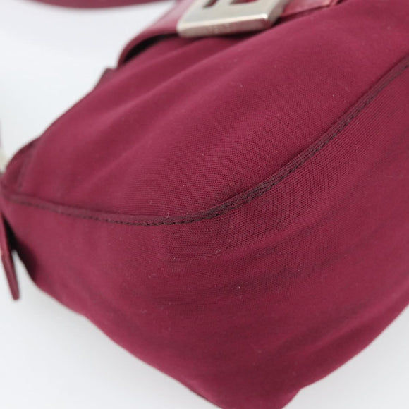 FENDI Mamma Baguette Shoulder Bag Cotton Wine Red Silver Auth mr2598