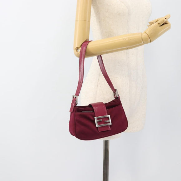 FENDI Mamma Baguette Shoulder Bag Cotton Wine Red Silver Auth mr2598