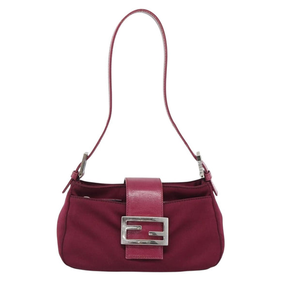 FENDI Mamma Baguette Shoulder Bag Cotton Wine Red Silver Auth mr2598