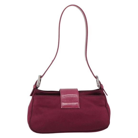 FENDI Mamma Baguette Shoulder Bag Cotton Wine Red Silver Auth mr2598