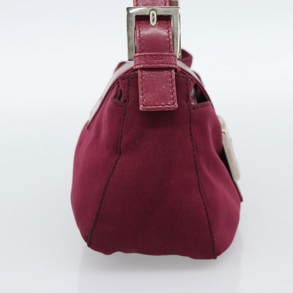 FENDI Mamma Baguette Shoulder Bag Cotton Wine Red Silver Auth mr2598