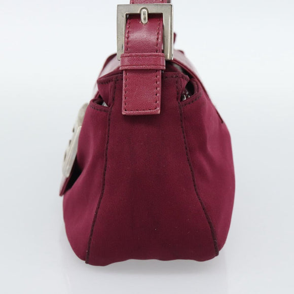 FENDI Mamma Baguette Shoulder Bag Cotton Wine Red Silver Auth mr2598