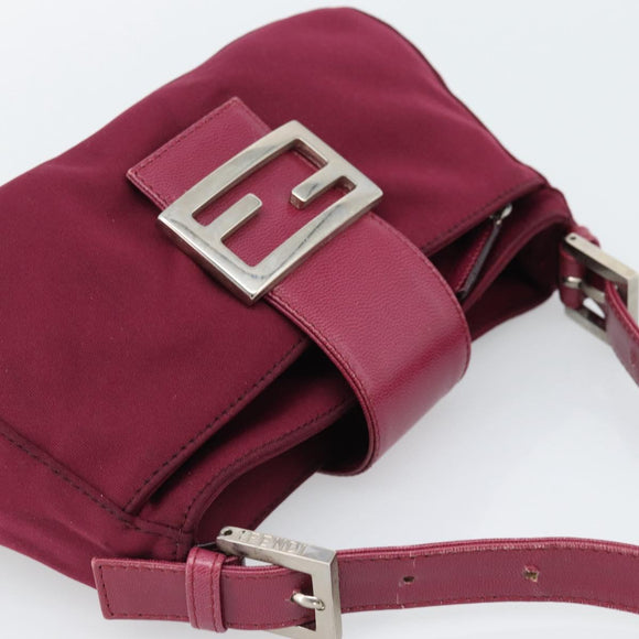FENDI Mamma Baguette Shoulder Bag Cotton Wine Red Silver Auth mr2598