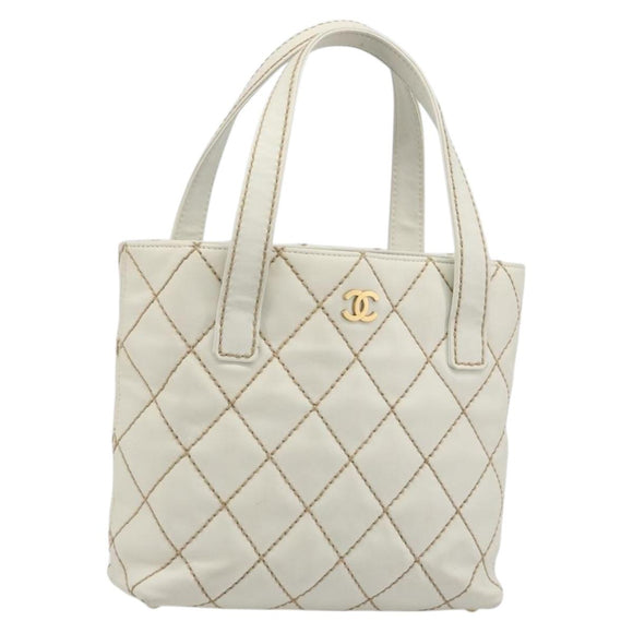 CHANEL Wild stitch Hand Bag Leather White Gold CC Auth mr2601A