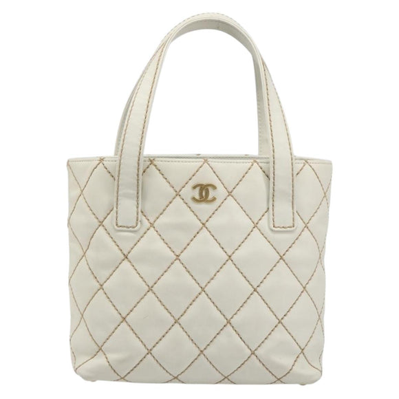 CHANEL Wild stitch Hand Bag Leather White Gold CC Auth mr2601A