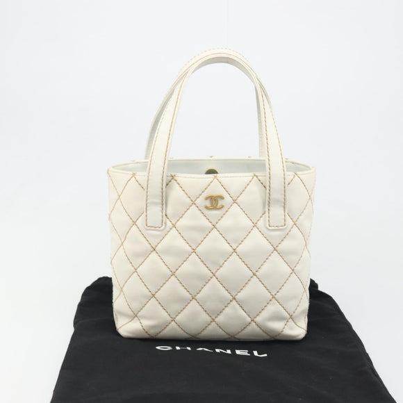 CHANEL Wild stitch Hand Bag Leather White Gold CC Auth mr2601A