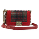 CHANEL Boy Chanel Chain Shoulder Bag Velor Red Gold CC Auth mr2605SAV-1