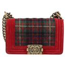 CHANEL Boy Chanel Chain Shoulder Bag Velor Red Gold CC Auth mr2605SAV-13